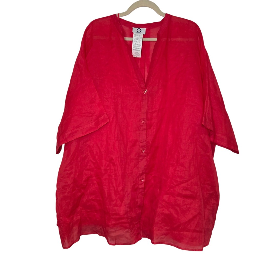 Marina Rinaldi Voyage Shirt Womens 22W Red NWT Ramie Button Down Blouse $475